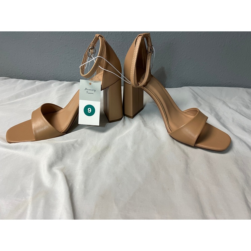 A New Day Shelly Tan Block Heel Sandals Memory Foam Ankle Strap Square Toe 9
